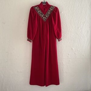 Vintage Vanity Fair Petites Red Velour? Fleece? Brocade Trimmed Zip Uo Robe Sm